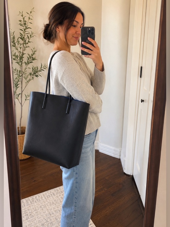 Bloomingdale's Handbags - Minimalist Black Leather-Look Tote Bag with Cobalt Blue Interior